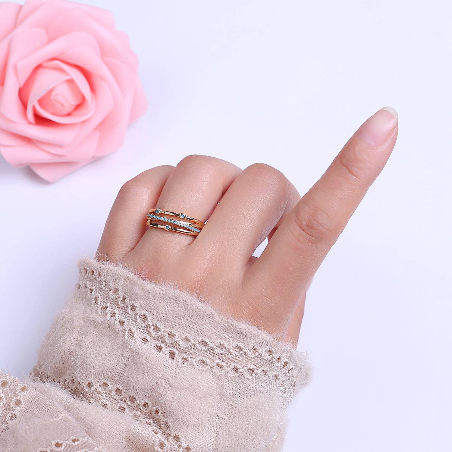Dainty Turquoise Micro Pave Thin Gold Adjustable Ring Band