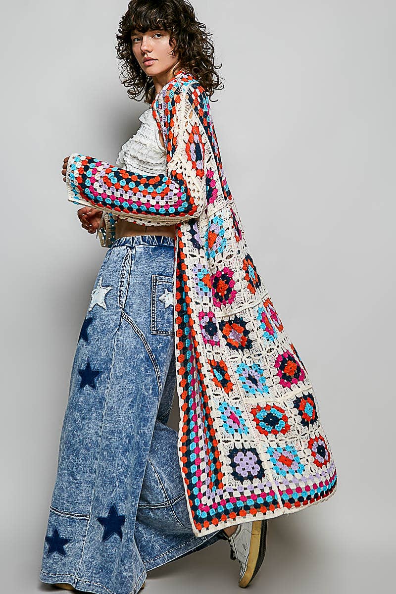 Rainbow Drift Crochet Maxi Cardigan